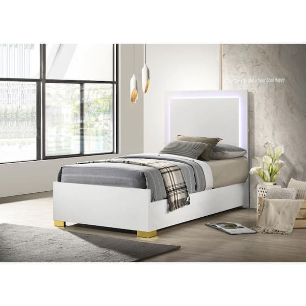 Marceline White Wood Frame Twin Panel Bed with LED Headboard
