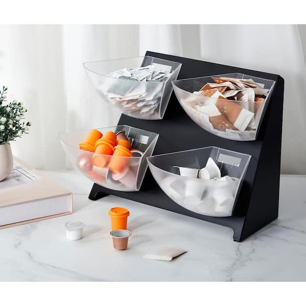 Black Coffee Condiment Packet Organizer with 4 Removable Compartments for Bar Countertop Office Kitchen Accessories