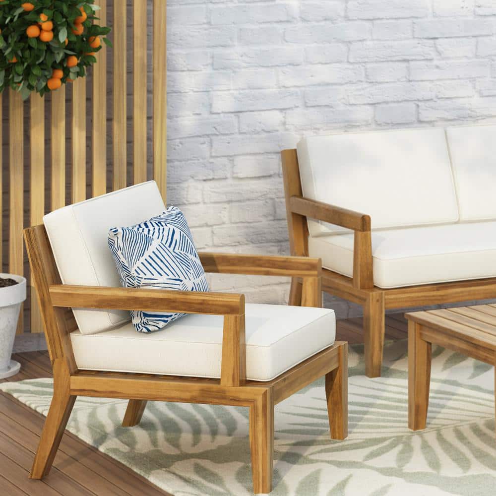 Outdoor Acacia Wood Lounge Chair with Thick Beige Cushion for Porch, Garden
