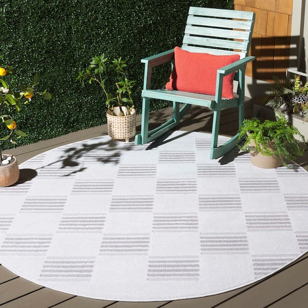 Stella Ivory/Beige 7 ft. x 7 ft. Checkered Solid Stripe Indoor/Outdoor Round Area Rug