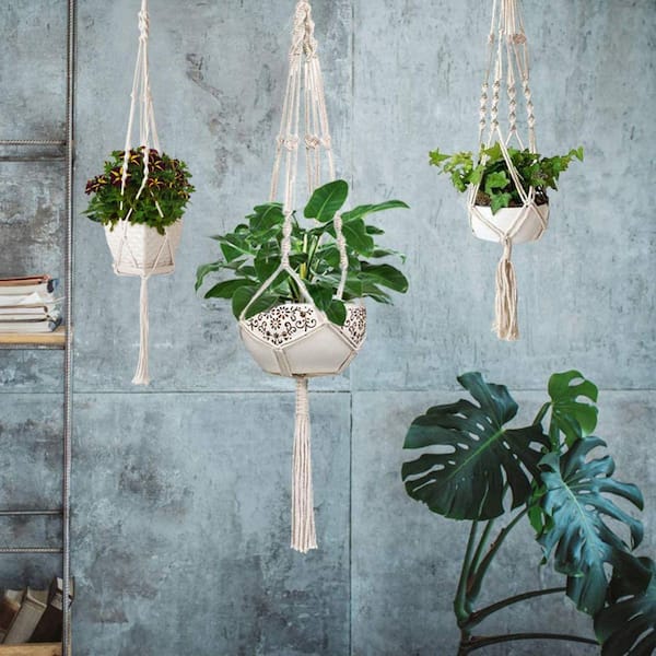 Sunocity 4-Pieces Hook Fabric Plant Hanger Flowerpot Net Bag 39.3 in Cotton Rope Plant Hangers 4-Legs Plant Hanger.