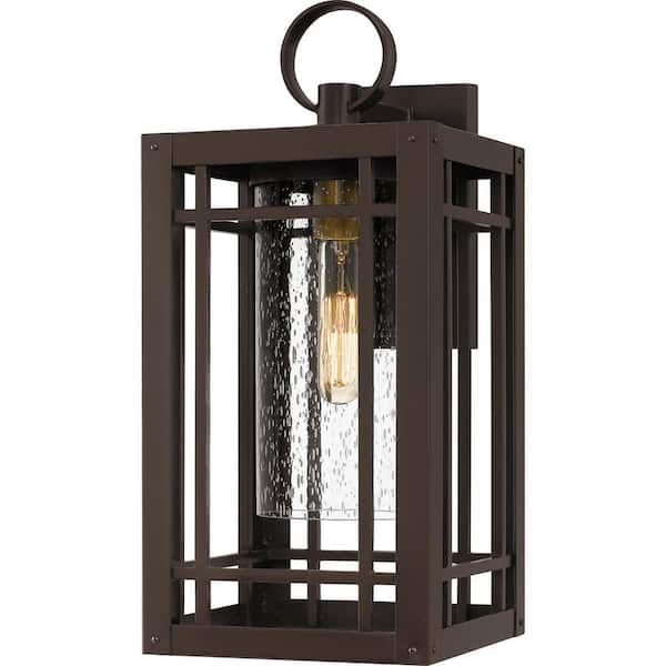 Quoizel Pelham 8 in. 1-Light Western Bronze Outdoor Wall Lantern Sconce with Clear Seeded Glass