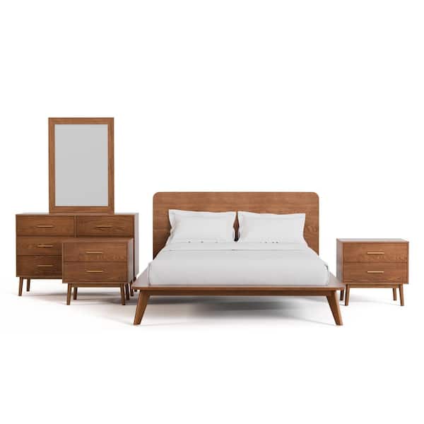 Riverstone 5-Piece Mid Century Walnut Wood Queen Platform Bedroom Set with 2 Nightstands and Dresser/Mirror