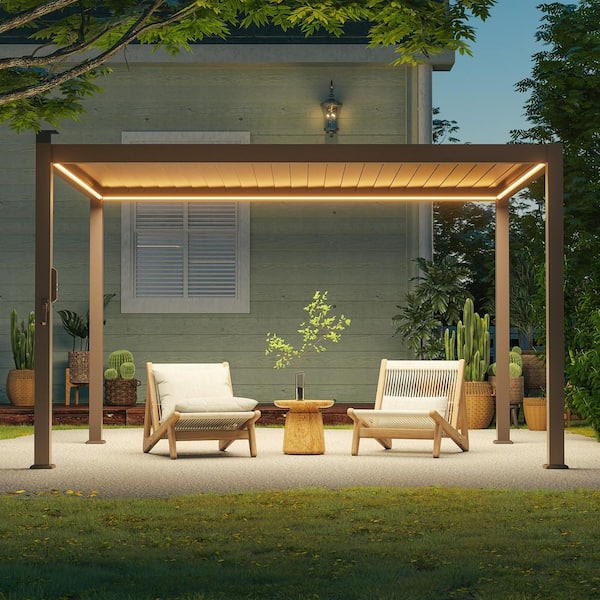 Nordica Series 10 ft. x 13 ft. Full Aluminum Double Louvered Pergola with Solar-Powered LED Lights, Brown
