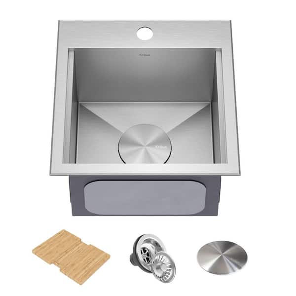 Kore 16 Gauge Marine Grade Stainless Steel 15" Single Bowl Drop-In Outdoor Kitchen Bar Sink with Accessories