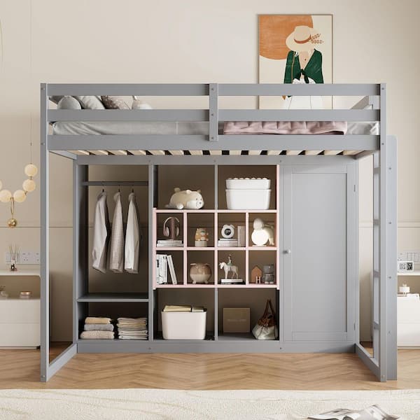Nestfair Gray and Pink Full Size Wood Loft Bed with Wardrobe, Shelves ...