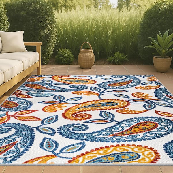 JONATHAN Y Julien Paisley High-Low Orange/Blue 8 ft. x 10 ft. Indoor/Outdoor Area Rug