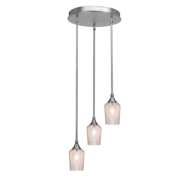 Unbranded Villa 60-Watt 14.5 in. 3 Light Nickel Stem Pendant Light with 5 in. Silver Textured Glass Shade, No Bulbs Included