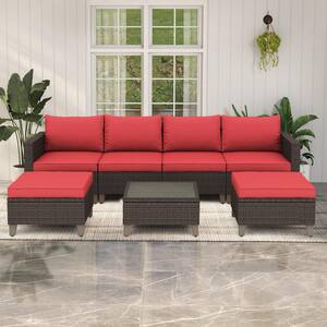 7-Piece Rattan Wicker Patio Furniture Set Outdoor Sectional Sofa Set with Red Cushions and Pillows for Porch Lawn Garden