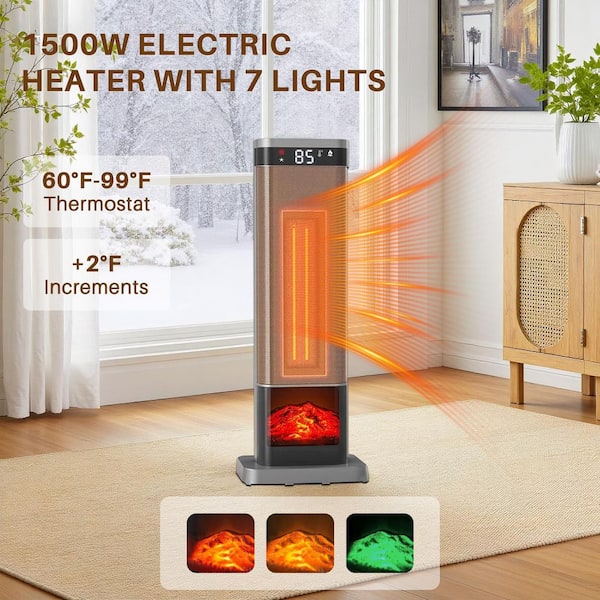 24 in. Silver 1,500-Watt Portable Electric Patio Heater with Remote and Thermostat, 60° Oscillation, Indoor Use