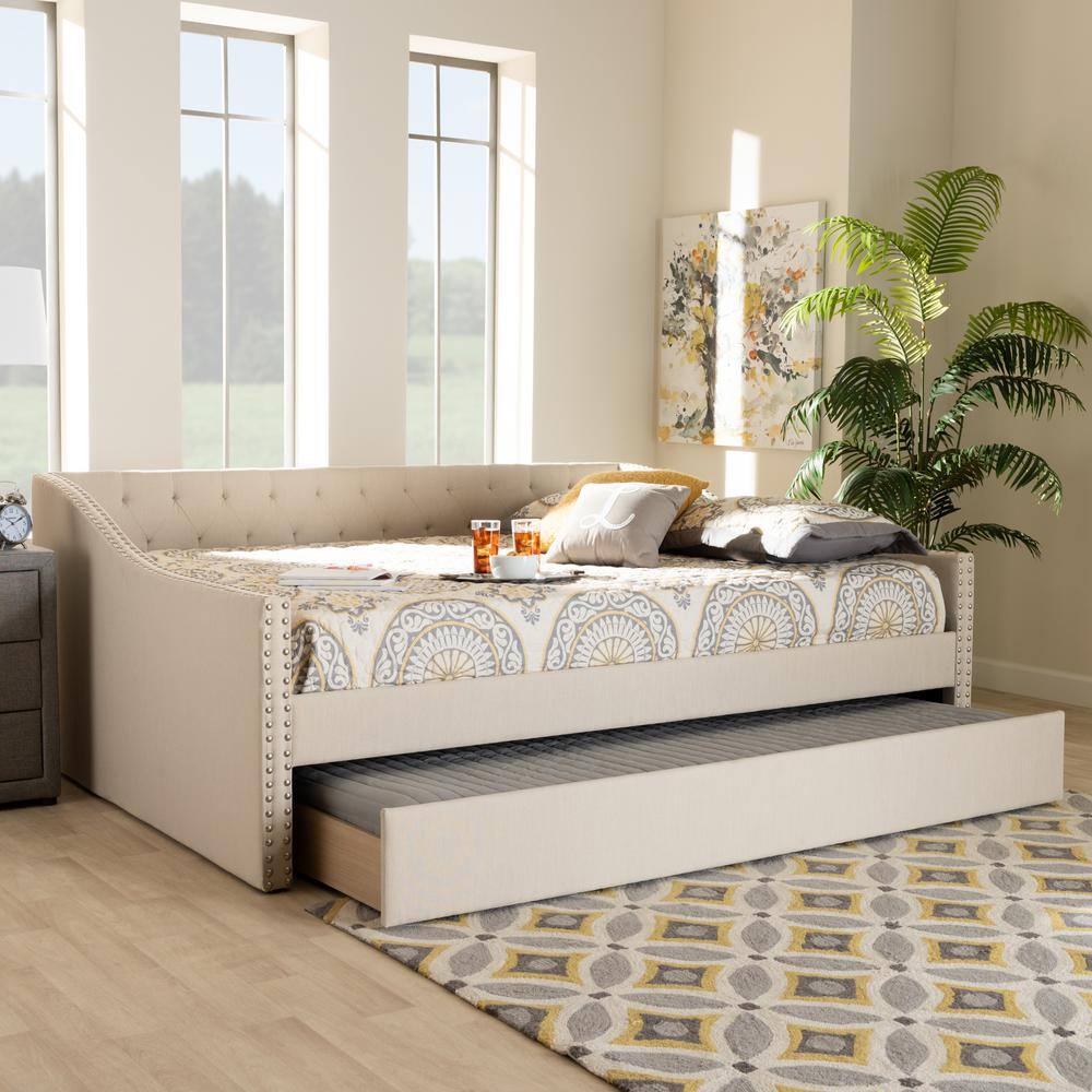 Beige Upholstered Full Size Daybed with Trundle and Nailhead Trim