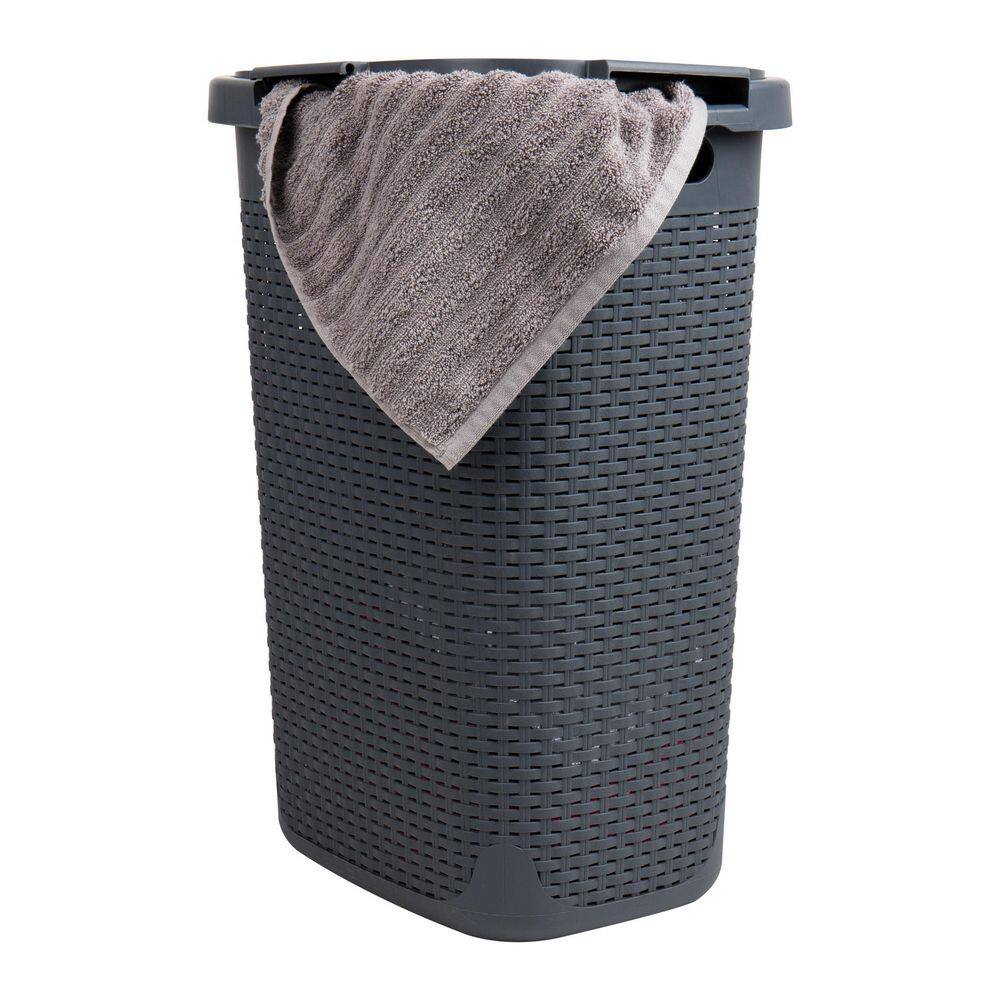 Gray Rectangle Wicker Style Plastic Laundry Hamper Set with Lid