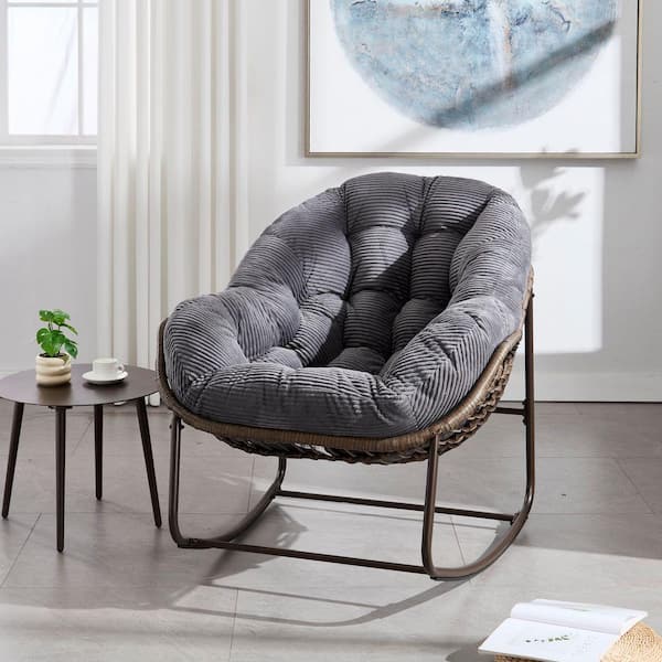 Wicker Outdoor Rocking Chair with Gray Cushion, Rattan Papasan