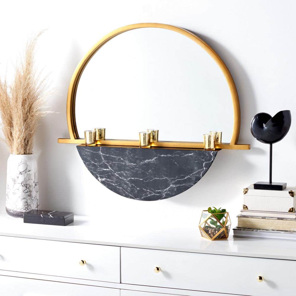 Decadent Gold & Black Geometric Round Wood Mirror 34"