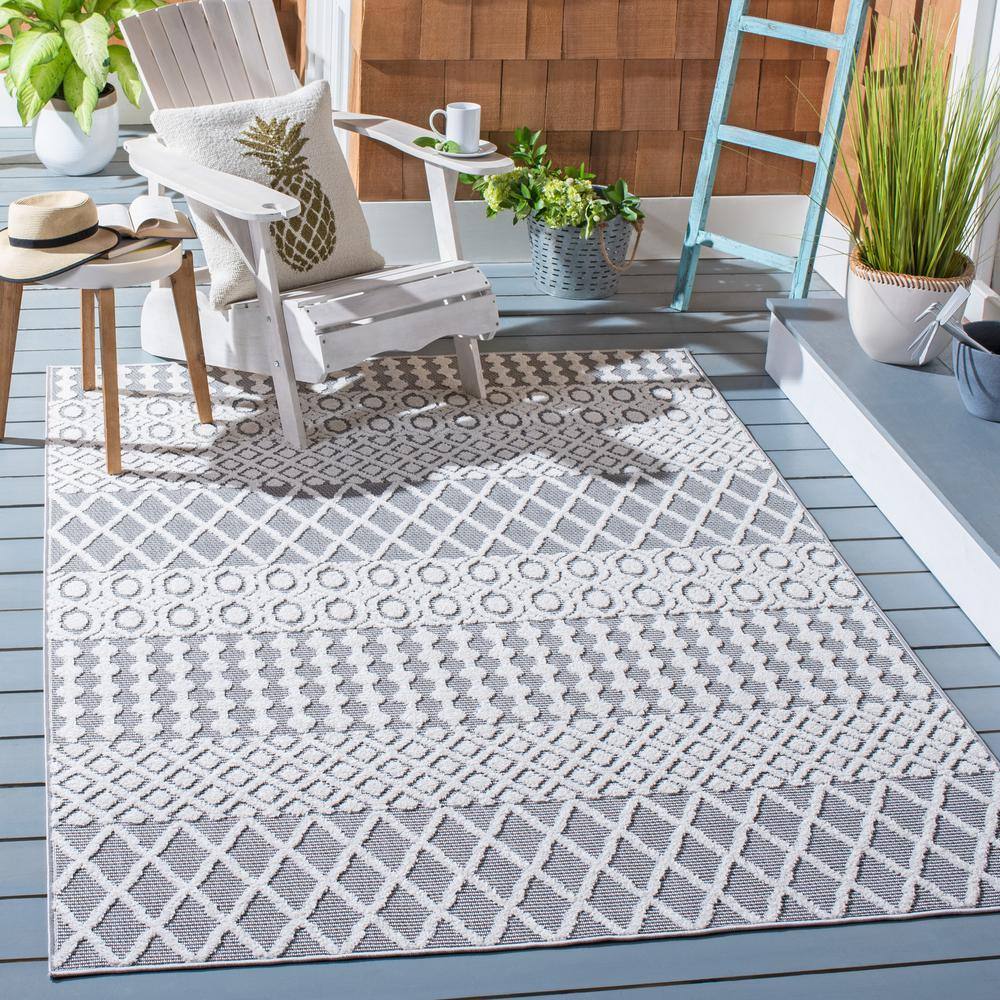 Ivory and Grey Geometric 9' x 12' Synthetic Indoor/Outdoor Rug