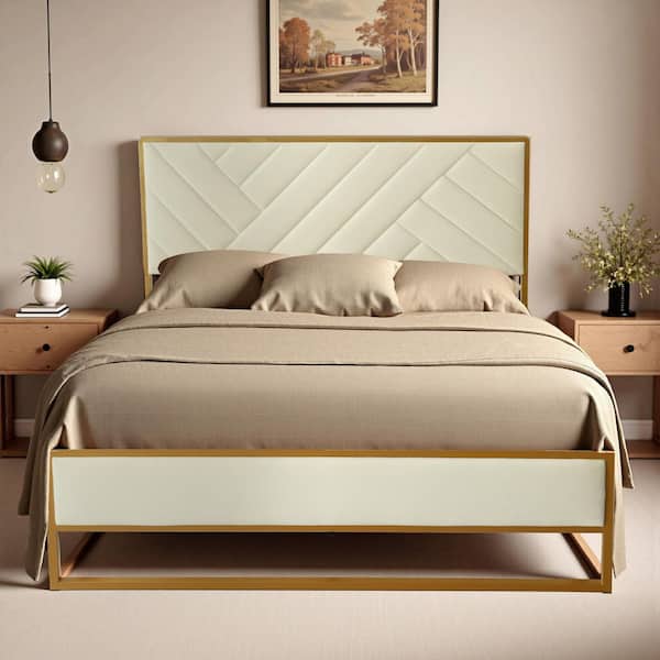 Ahokua Cream White Frame Queen Size Velvet Platform Bed with 10 in. Under Bed Storage Supported by Metal and Wooden Slats