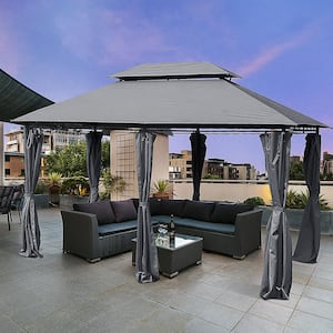 10 ft. x 13 ft. 2-Tier Steel Outdoor Garden Gazebo With Vented Soft Top Canopy And Removable Curtains,Grey
