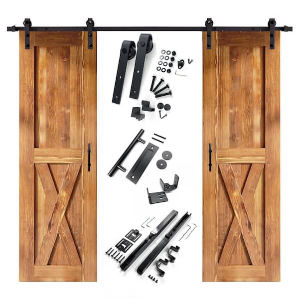 HOMACER 28 in. x 84 in. X-Frame Early American Double Pine Wood Interior Sliding Barn Door with Hardware Kit Non-Bypass