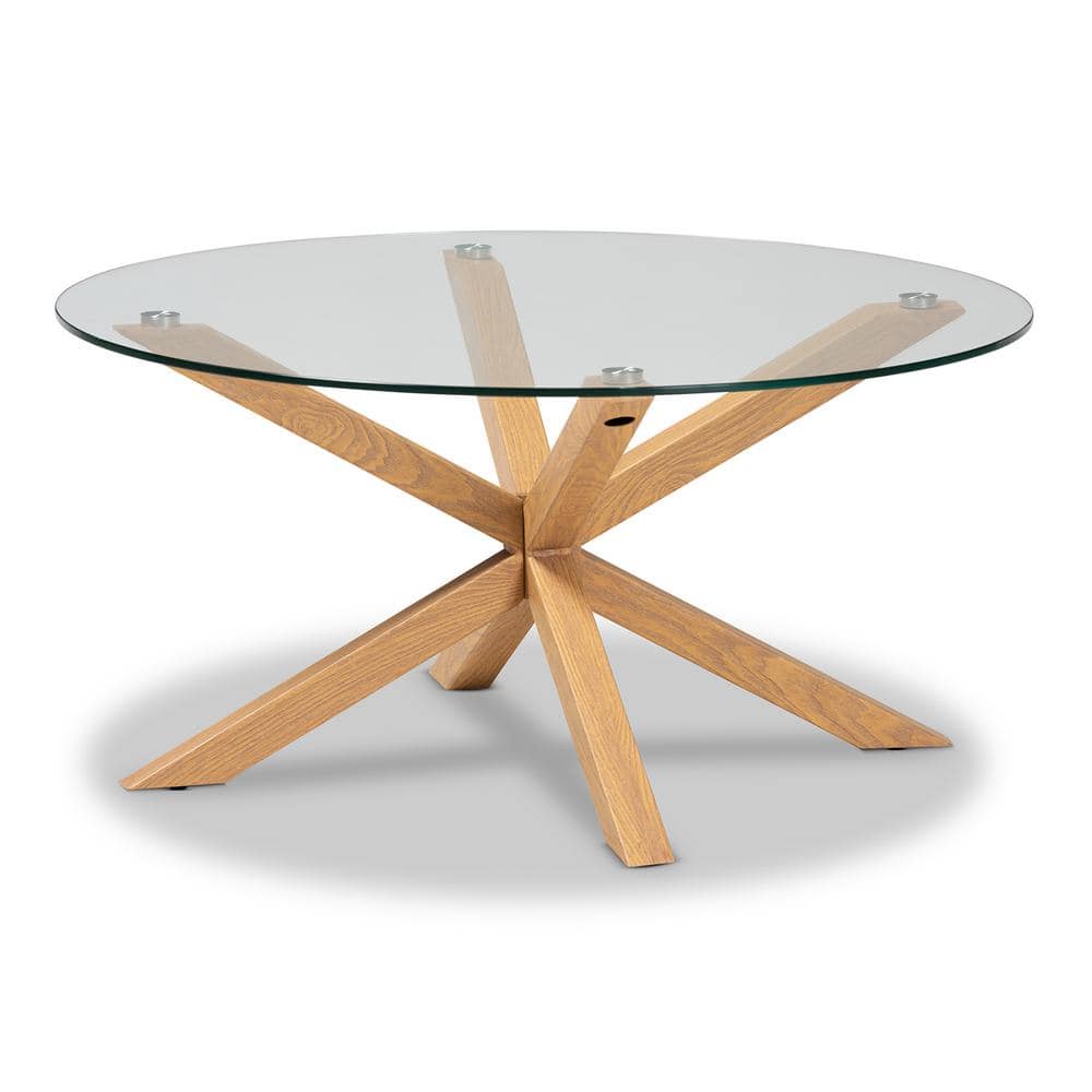 Round Glass and Wood Sculptural Coffee Table