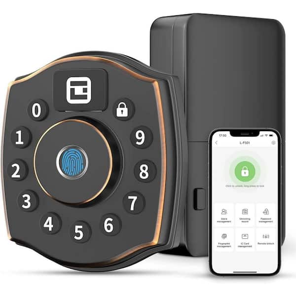 5-in-1 Corded Aluminum Smart Lock Deadbolt with Biometric, Anti-Peep Keypad, App & IC Card Access in Black, IP65