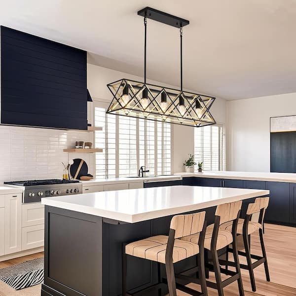 5-Light Black and Gold Industrial Linear Island Chandelier with Rectangular Frame for Kitchen Island