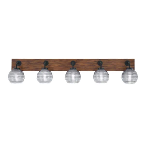 Unbranded Kirby 46.75 in. 5 Light Black and Painted Wood-look Vanity Light with 6 in. Clear Ribbed Glass Shades No Bulbs Included