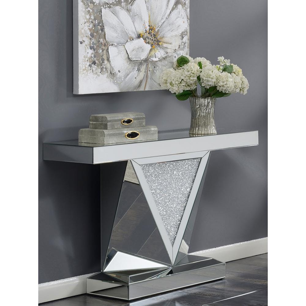 Silver Mirrored Rectangular Sofa Table with Triangle Detailing