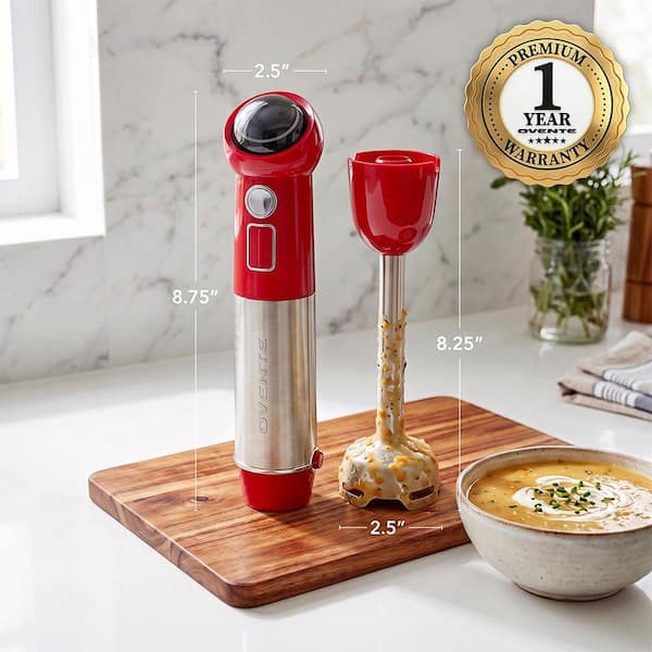 OVENTE Immersion Blender Red Stainless Steel Blades Rechargeable