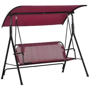 Wine Red 3-Person Metal Porch Patio Swing Chair with Stand and Adjustable Canopy, Armrests, Steel Frame