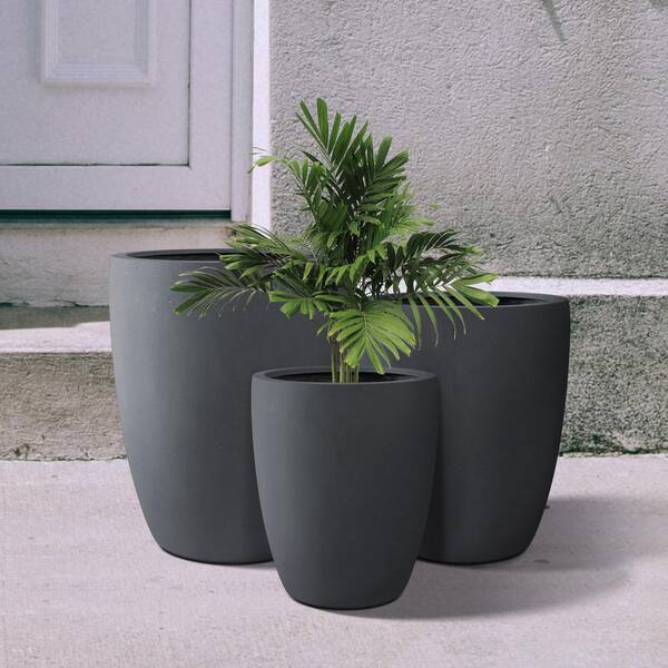 Kante 3 Piece 22.4, 20.4 and 18.1H Round Charcoal Finish Concrete Modern Tall Planters, Outdoor Indoor Decorative Plant Pots with Drainage Hole and