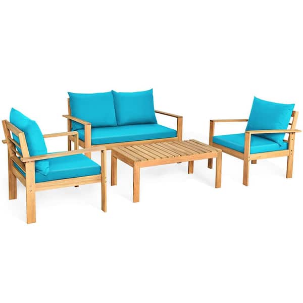 Costway 4-Piece Outdoor Acacia Wood Chat Conversation Sofa 2 Sets Cushion Cover Turquoise