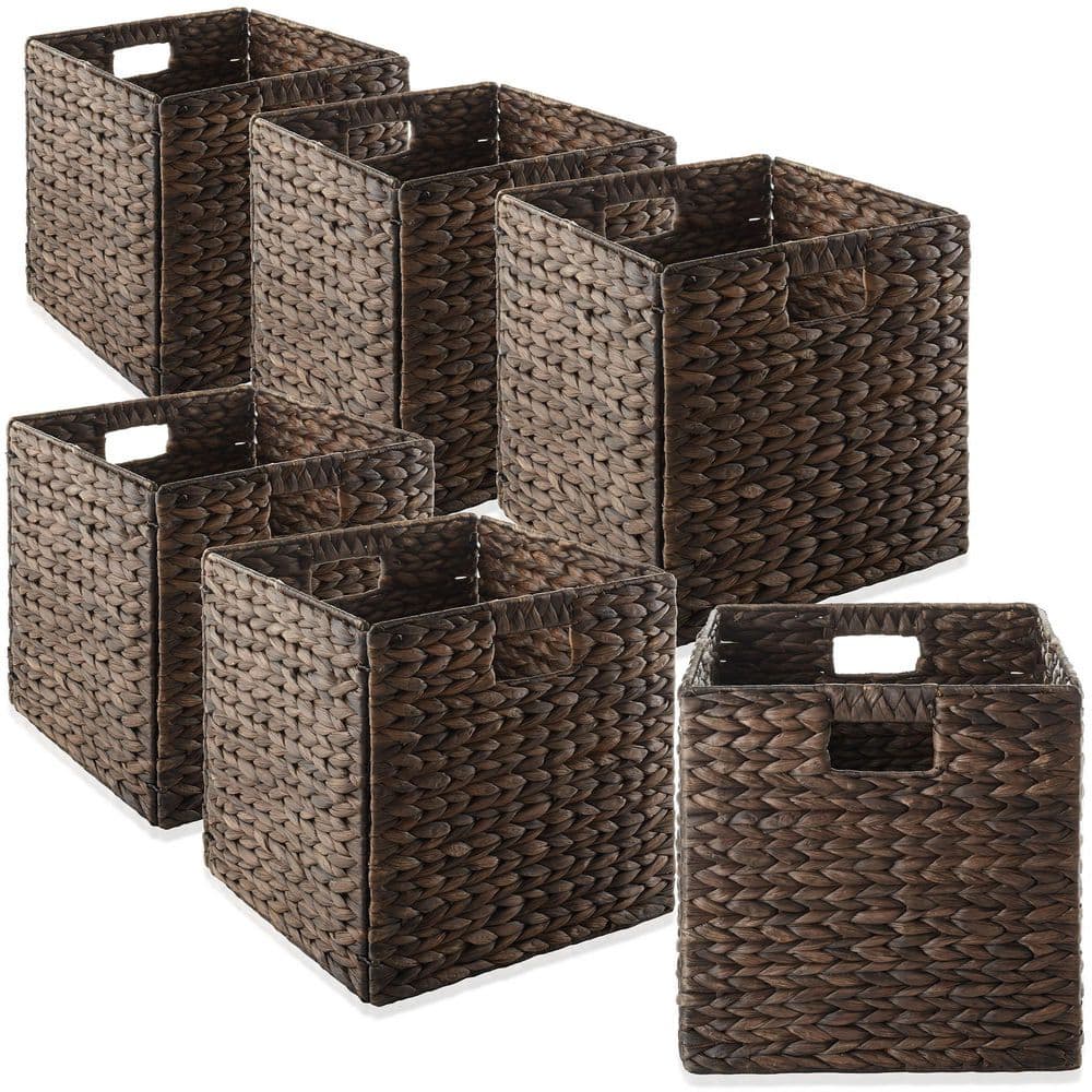 Espresso Water Hyacinth Collapsible Cube Storage Baskets, Set of 6