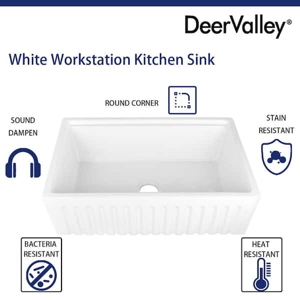 DeerValley White Ceramic 33 in. Single Bowl Farmhouse Apron Workstation Kitchen Sink with Accessories