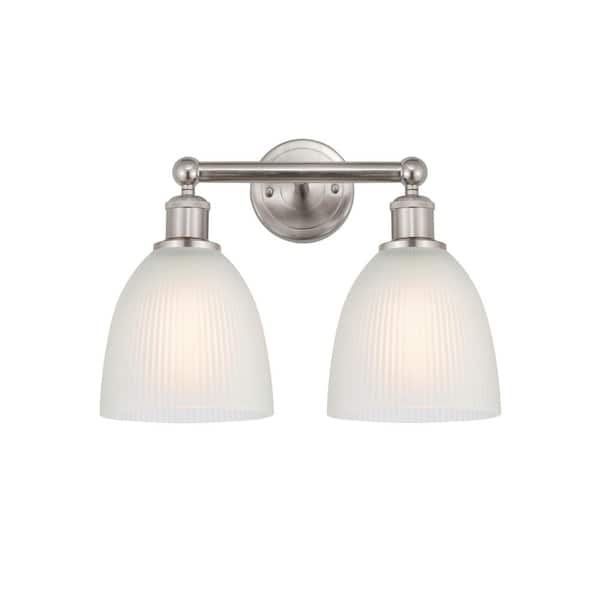 Castile 15 in. 2 Light Brushed Satin Nickel, White Vanity Light with White Glass Shade