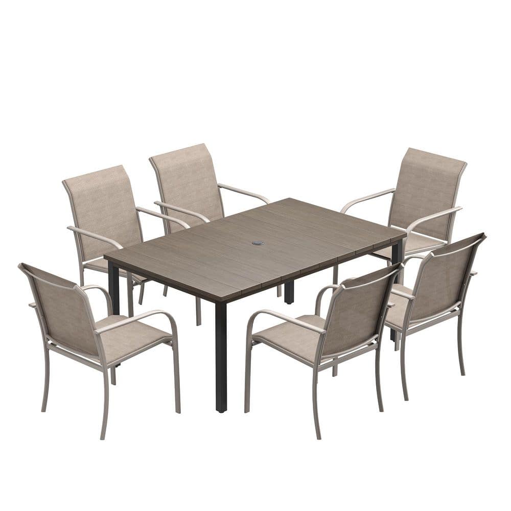 7-Piece Patio Dining Set with 63 in. Grey Wood-Like Metal Rectangular Table and 6-Sandshell Stackable Dining Chairs price history on PriceWatchPro