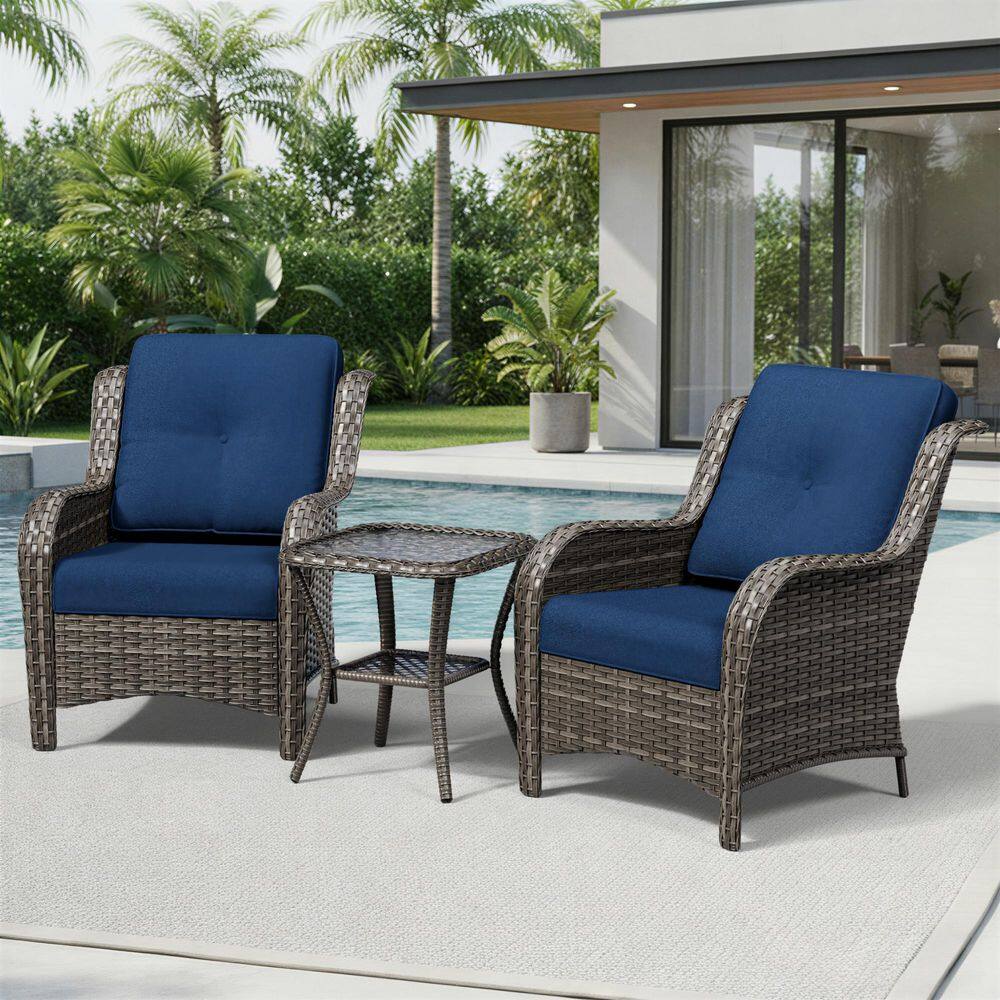 Stylish 3-Piece Brown Wicker Outdoor Lounge Chair with Blue Cushions and Side Table price history on PriceWatchPro