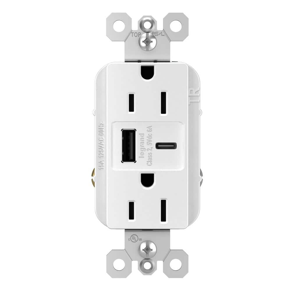 Legrand radiant 15 Amp 125-Volt Decorator Duplex Outlet with 6.0 Amp Type A/C USB, White