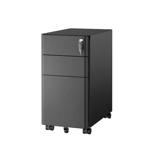 mount-it! 3-Drawer Black Metal 11.81 in. W Under Desk Pedestal File Cabinet w/Wheels, Rolling Storage w/Lock, Mobile Space Saving