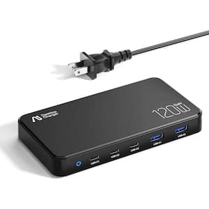 5 ft. Extension Cord, USB Charging Station, 120-Watt, 3 USB C, 2 USB A Charging Hub 5-Ports for Multiple Device in Black