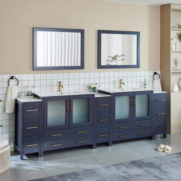 Brescia 108 in. W x 18 in. D x 36 in. H Double Sink Bathroom Vanity in Blue with White Ceramic Top and Mirror