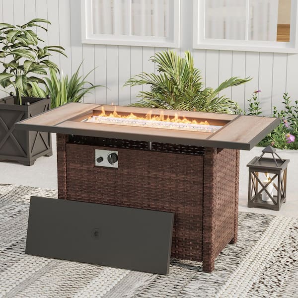 Sonkuki 45 in. 50000 BTU Rectangle Brown Wicker Fire Pit Table Patio Propane Gas with Tempered Glass Tabletop Clear