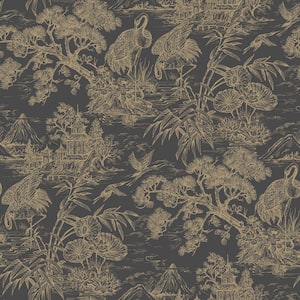 Natori Crane Charcoal and Gold Non-Pasted Non-Woven Wallpaper (Covers 56 Sq. Ft.)