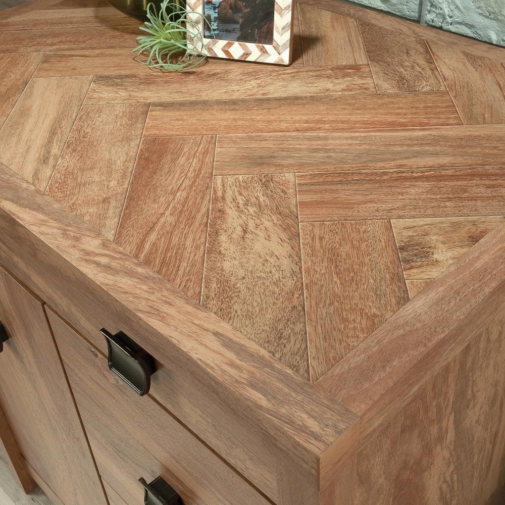 Small Brown Wood Credenza with Drawers and Keyboard Tray