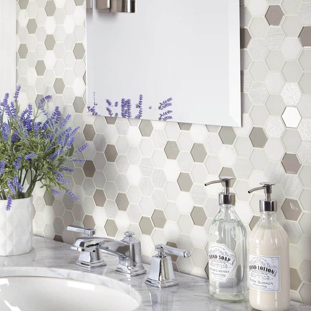 11" x 11" Frost Glass and Marble Honeycomb Mosaic Tile