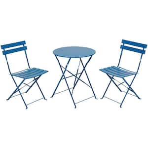 Peacock Blue 3-Piece Steel Foldable Chairs and Round Outdoor Table Bistro Set