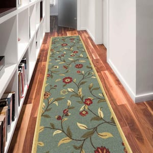 Ottohome Collection Non-Slip Rubberback Leaves 3x10 Indoor Runner Rug, 2 ft. 7 in. x 9 ft. 10 in.,Dark Seafoam Green