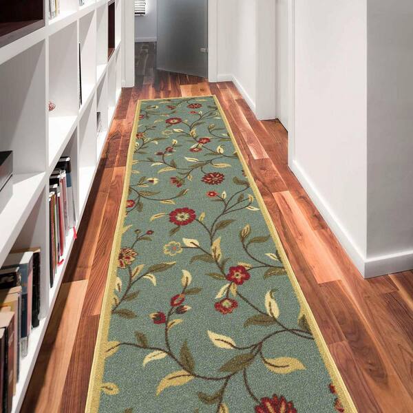 Ottohome Collection Non-Slip Rubberback Leaves 3x10 Indoor Runner Rug, 2 ft. 7 in. x 9 ft. 10 in.,Dark Seafoam Green