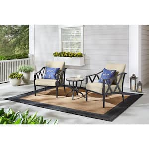 Harmony Hill 3-Piece Black Steel Outdoor Patio Stationary Conversation Set with CushionGuard Putty Tan Cushions