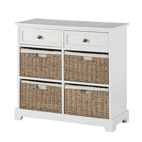 Harper & Bright Designs White Washed Rustic Storage Cabinet with 2-Drawers and 4-Classic Fabric Basket