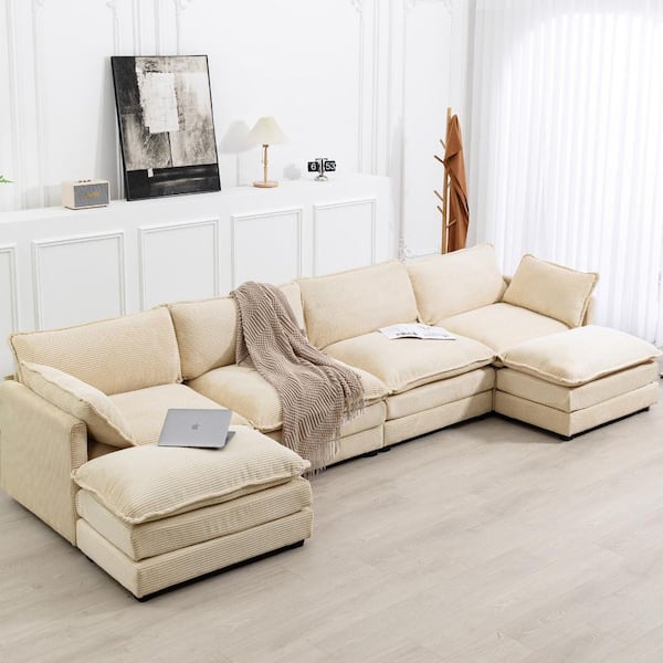 Jearey 147 in. W 6-Piece Modern Corduroy Fabric Sectional Sofa with Ottoman in Khaki